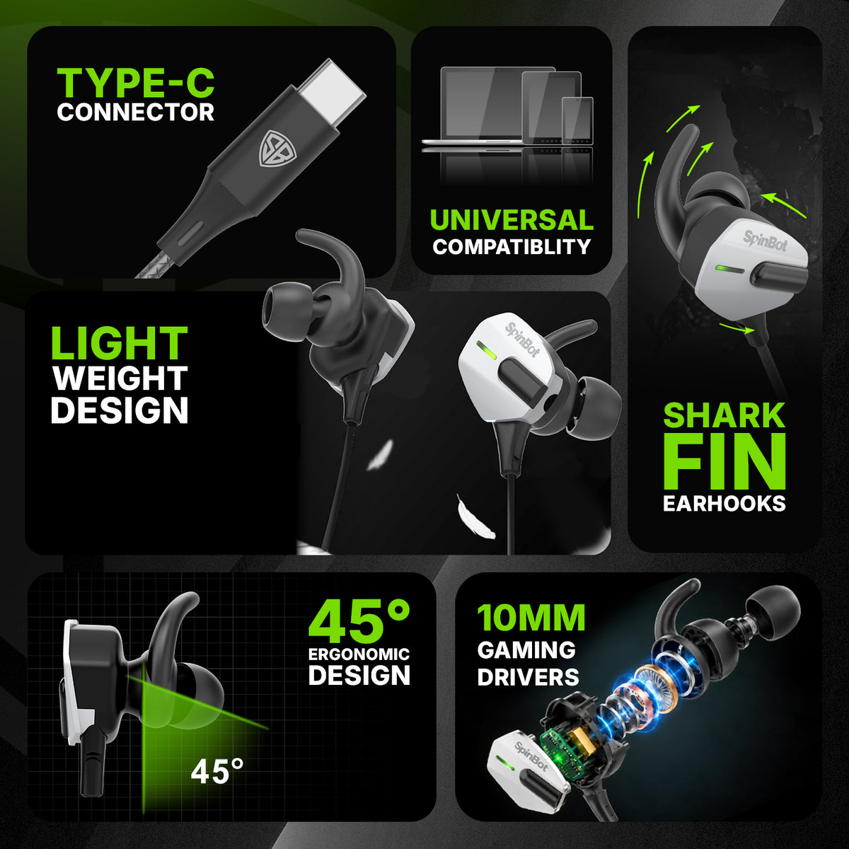 SpinBot BattleBudz G10 Type-C Wired Gaming Earphones with Detachable Boom Mic | 10mm Drivers | Inline Controls | Dedicated Mic Mute Button | Lightweight Gaming Earbuds for BGMI, Free Fire & Mobile Gaming
