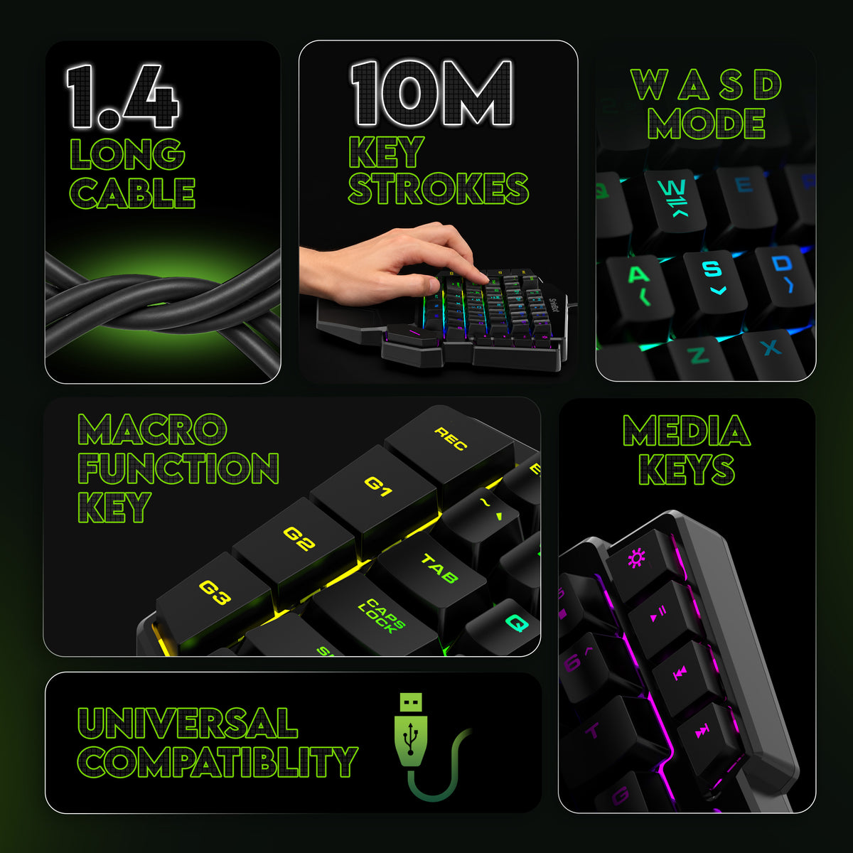 SpinBot Rage K10 One Hand |45 Keys|LED Backlit|Macro Function|Arm Rest|Media Control| Wired USB Standard Gaming Keyboard Compatible