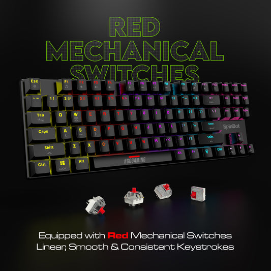 SpinBot Rage MK87 Mechanical Gaming Keyboard - Linear Red Switch | Compact 87-Key TKL Design | Vibrant Multicolor RGB Lighting | 26-Key Anti-Ghosting | Durable ABS Build | Plug & Play USB