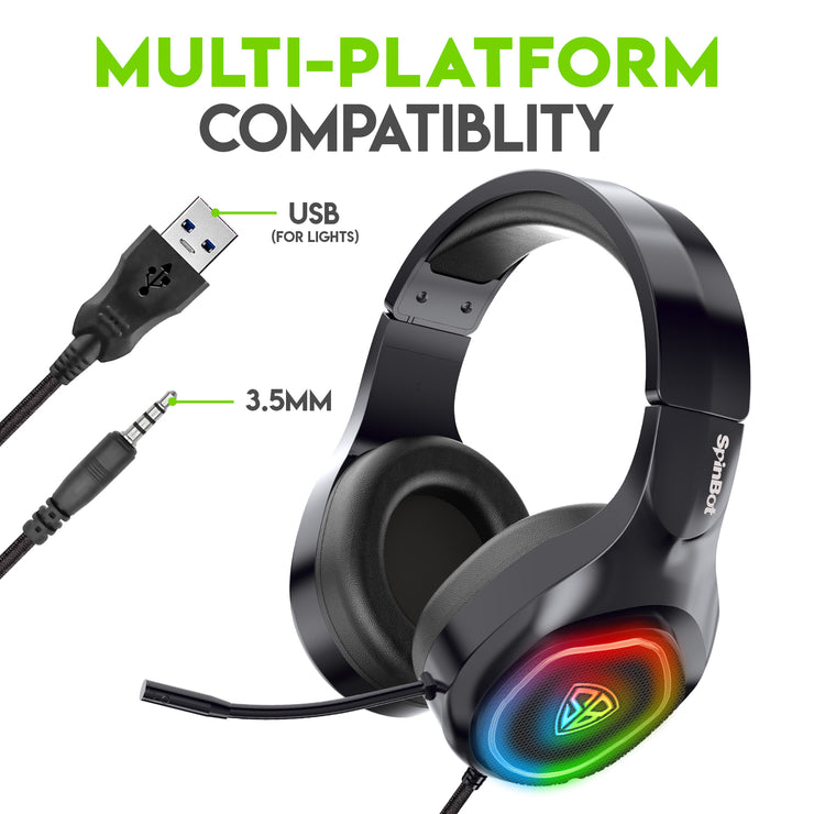 SpinBot BattleBudz H1 Wired Gaming Headphone with Fixed RGB Lights and Boom Mic
