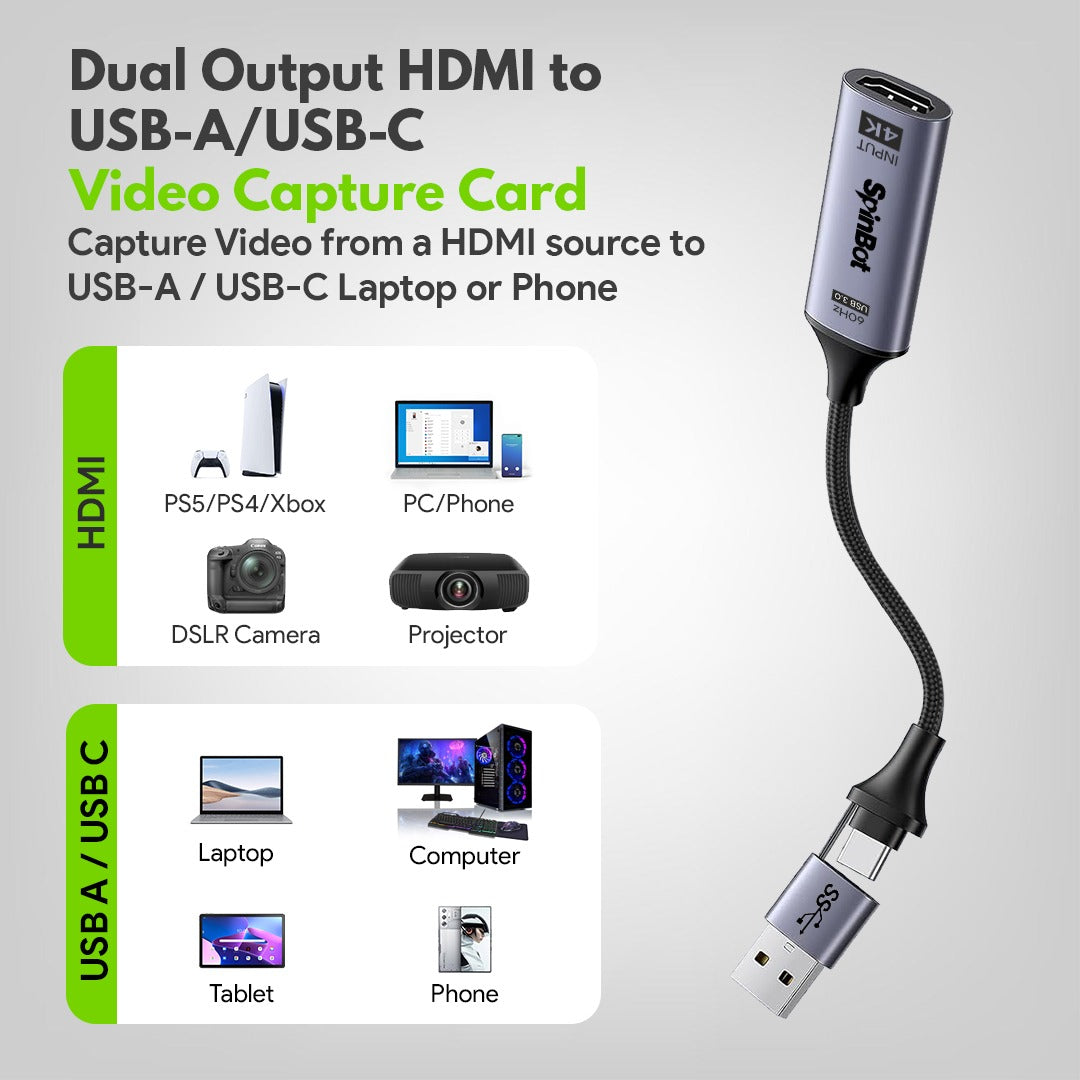SpinBot Envisage Full HD Video Capture Card | 4K HDMI to USB3.0 1080p/ 60FPS | Capture Card for Gaming, Streaming, Broadcast and Video Recording | Windows, Mac, Android