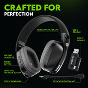 SpinBot Ranger HX500 Tri-Mode Wireless Gaming Headphones | Dual 2.4GHz + Bluetooth + Wired | Detachable Boom Mic (Black)