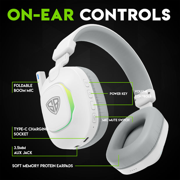 SpinBot Ranger HX300 Wireless Bluetooth Low Latency Gaming Headphones (White)