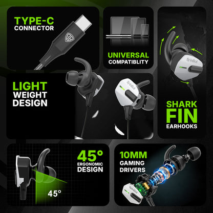 SpinBot BattleBudz G10 Type-C Wired Gaming Earphones with Detachable Boom Mic | 10mm Drivers | Inline Controls | Dedicated Mic Mute Button | Lightweight Gaming Earbuds for BGMI, Free Fire & Mobile Gaming