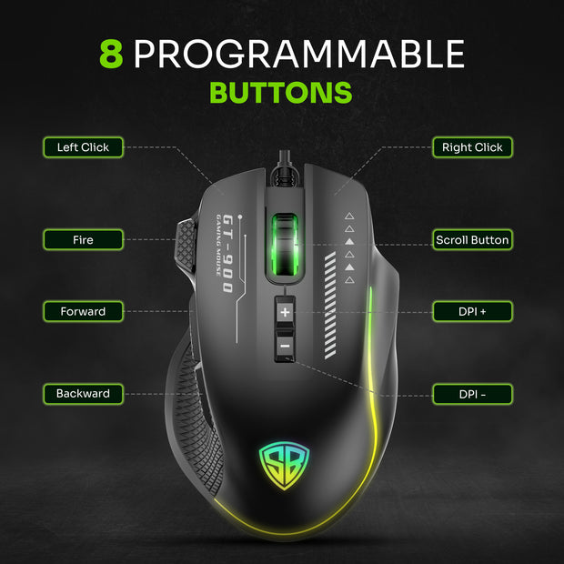 SpinBot Clutch GT900 with 7200 DPI Gaming Sensor |8 Programmable Buttons | RGB Wired Optical Gaming Mouse (Black)