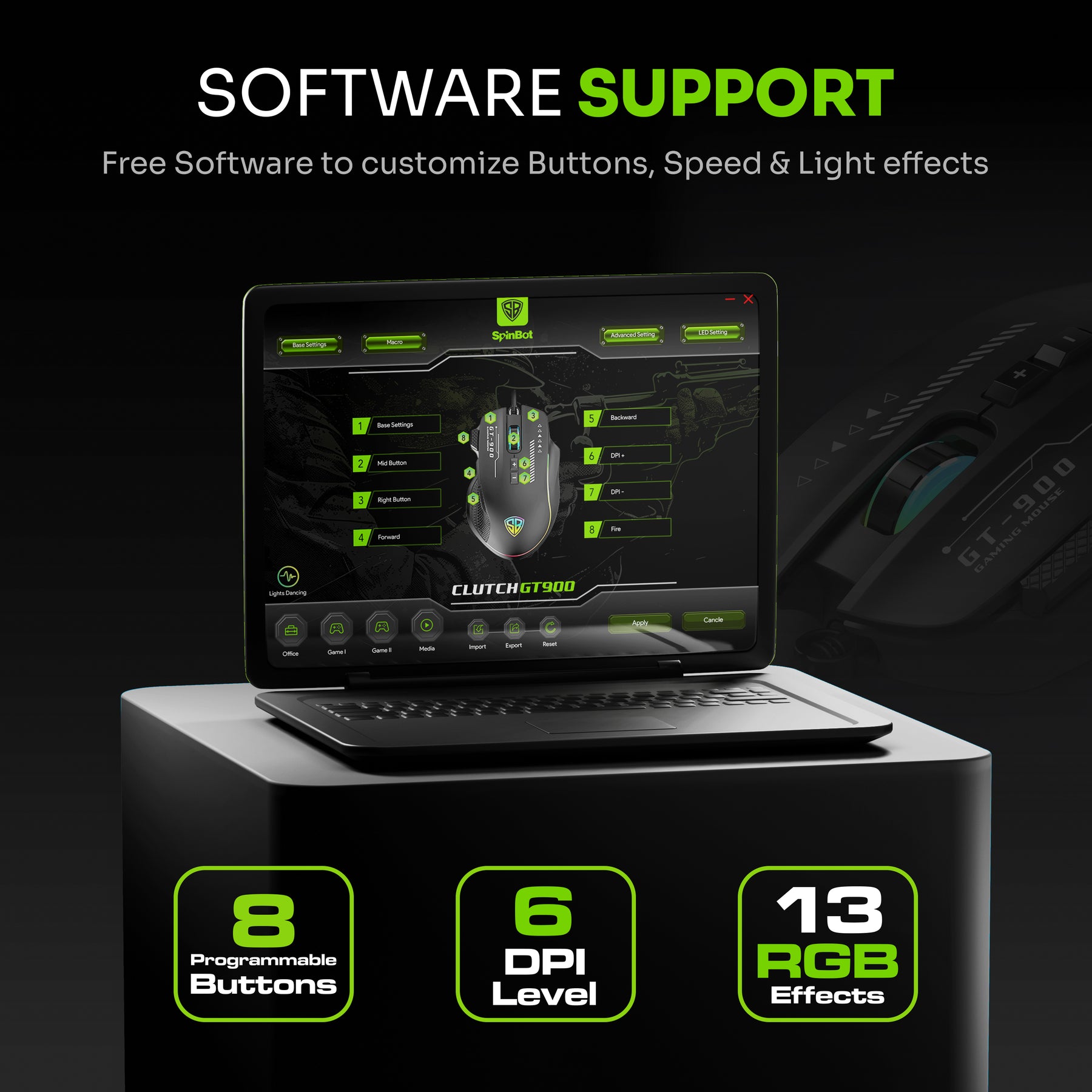 SpinBot Clutch GT900 with 7200 DPI Gaming Sensor |8 Programmable Butto