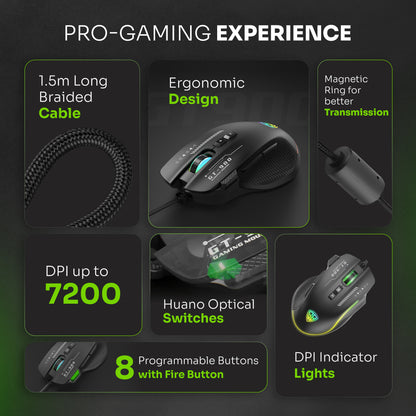 SpinBot Clutch GT900 with 7200 DPI Gaming Sensor |8 Programmable Buttons | RGB Wired Optical Gaming Mouse (Black)