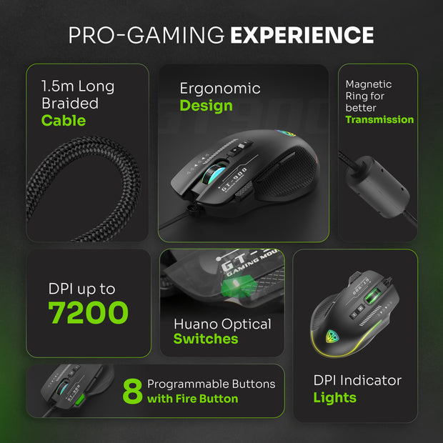 SpinBot Clutch GT900 with 7200 DPI Gaming Sensor |8 Programmable Buttons | RGB Wired Optical Gaming Mouse (Black)