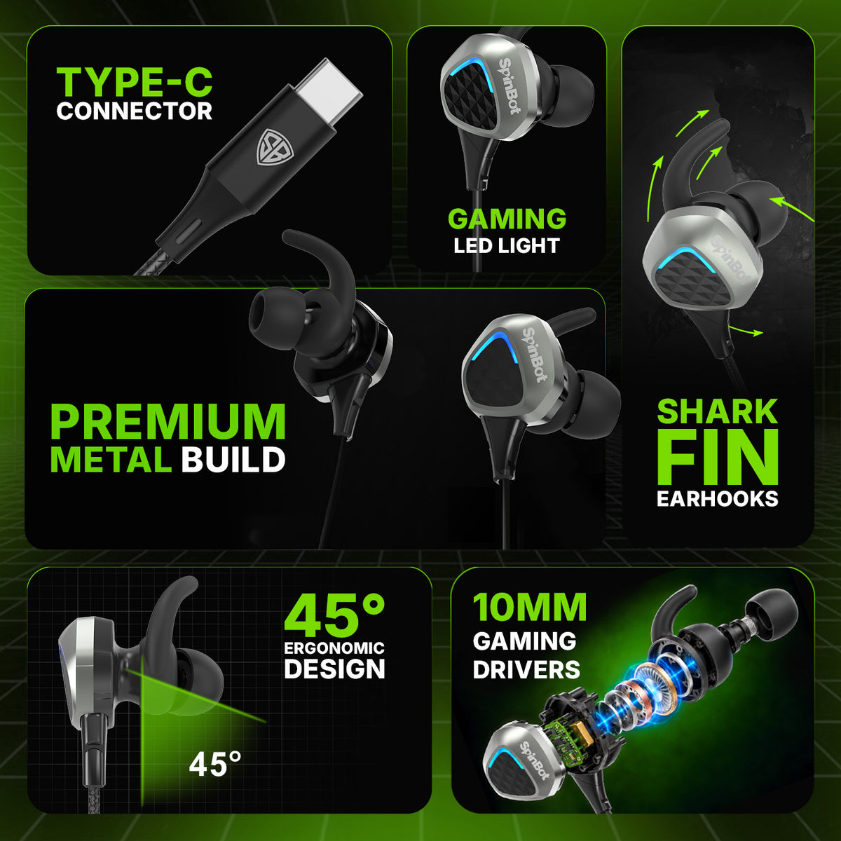 SpinBot BattleBudz G30 Type-C Gaming Earphone with 4 Audio Modes | Boom Mic | Metal Body Wired Gaming Earphone