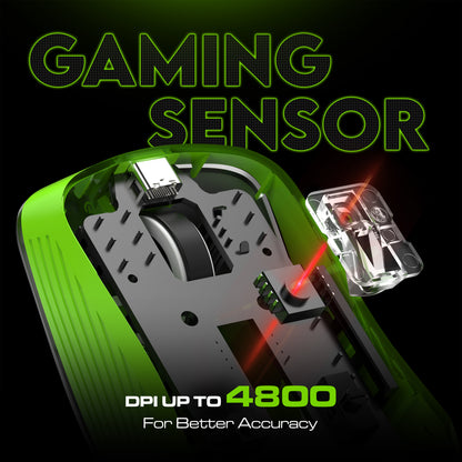 SpinBot Clutch GT500 Wireless Gaming Mouse | 4800 DPI Sensor | Multi Connectivity (2.4GHz + BT1 + BT2) | Black & Green