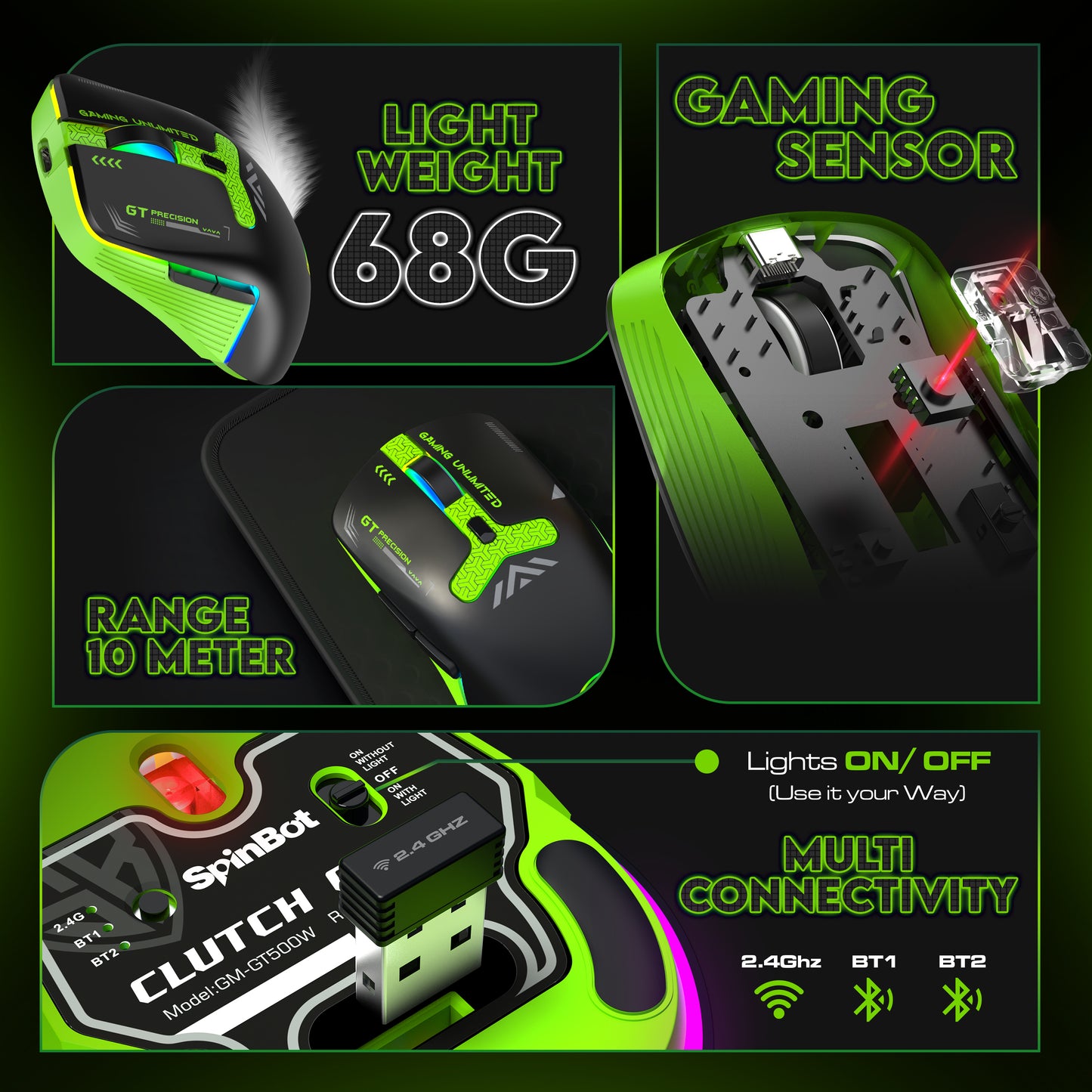 SpinBot Clutch GT500 Wireless Gaming Mouse | 4800 DPI Sensor | Multi Connectivity (2.4GHz + BT1 + BT2) | Black & Green