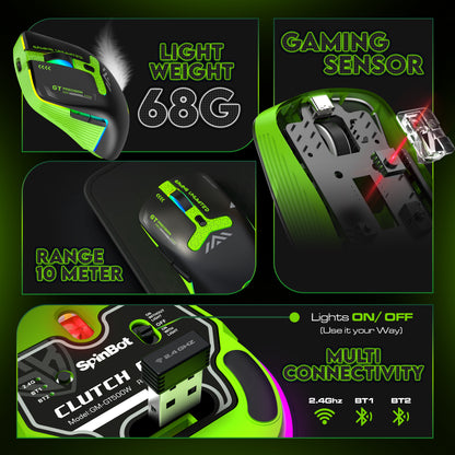 SpinBot Clutch GT500 Wireless Gaming Mouse | 4800 DPI Sensor | Multi Connectivity (2.4GHz + BT1 + BT2) | Black & Green