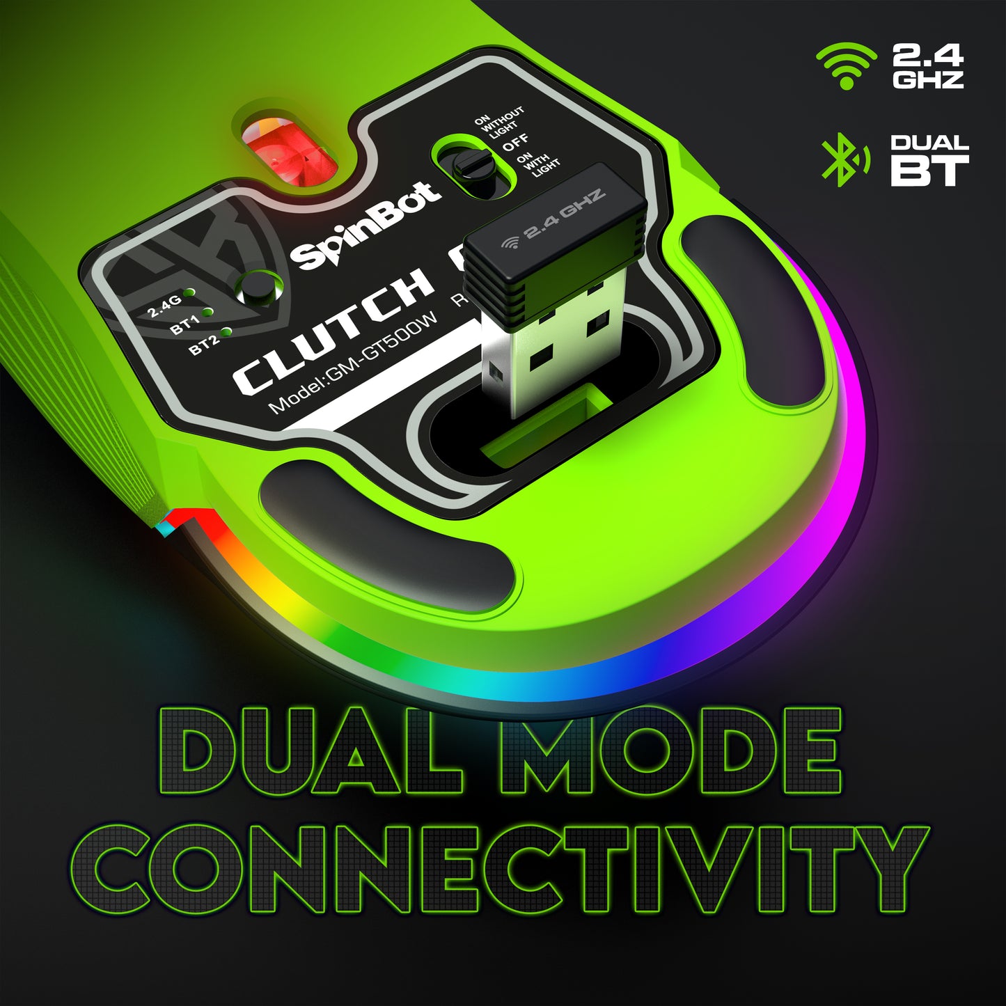 SpinBot Clutch GT500 Wireless Gaming Mouse | 4800 DPI Sensor | Multi Connectivity (2.4GHz + BT1 + BT2) | Black & Green