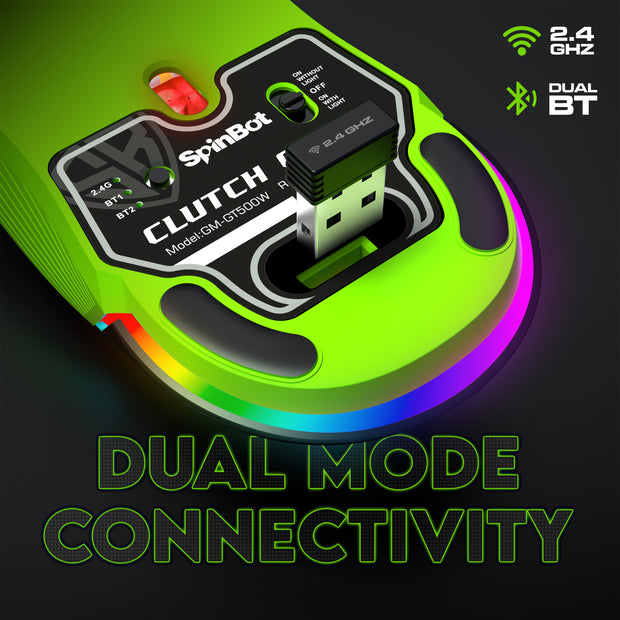 SpinBot Clutch GT500 Wireless Gaming Mouse | 4800 DPI Sensor | Multi Connectivity (2.4GHz + BT1 + BT2) | Black & Green