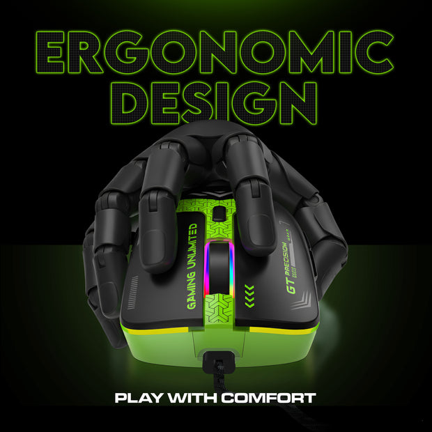 SpinBot Clutch GT500 Wired Gaming Mouse, 3600 DPI Optical Sensor, 1.5m Braided Cable, Ergonomic Design – Black & Green