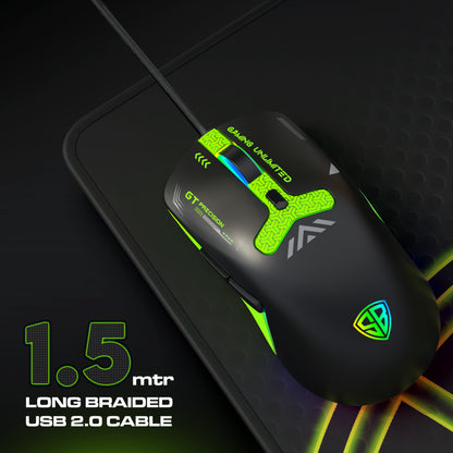 SpinBot Clutch GT500 Wired Gaming Mouse, 3600 DPI Optical Sensor, 1.5m Braided Cable, Ergonomic Design – Black & Green