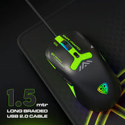 SpinBot Clutch GT500 Wired Gaming Mouse, 3600 DPI Optical Sensor, 1.5m Braided Cable, Ergonomic Design – Black & Green