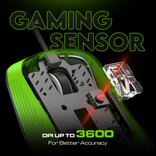 SpinBot Clutch GT500 Wired Gaming Mouse, 3600 DPI Optical Sensor, 1.5m Braided Cable, Ergonomic Design – Black & Green