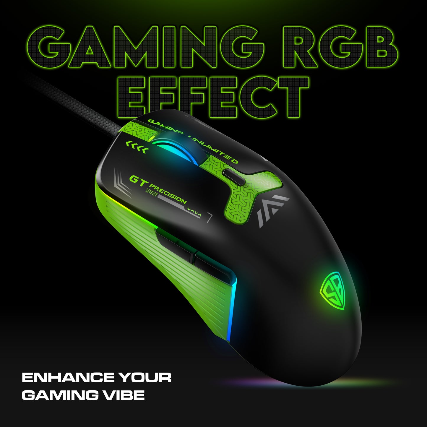 SpinBot Clutch GT500 Wired Gaming Mouse, 3600 DPI Optical Sensor, 1.5m Braided Cable, Ergonomic Design – Black & Green