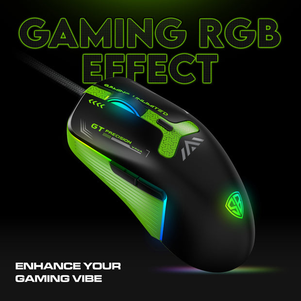 SpinBot Clutch GT500 Wired Gaming Mouse, 3600 DPI Optical Sensor, 1.5m Braided Cable, Ergonomic Design – Black & Green