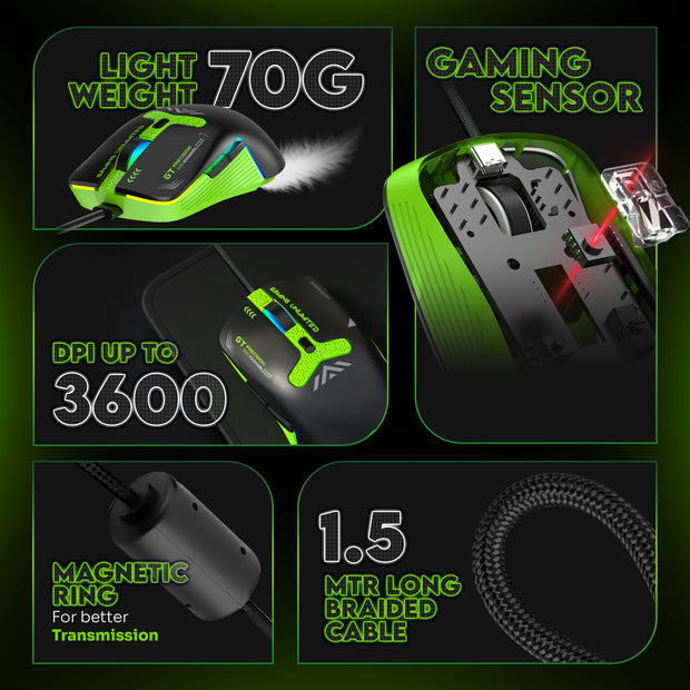 SpinBot Clutch GT500 Wired Gaming Mouse, 3600 DPI Optical Sensor, 1.5m Braided Cable, Ergonomic Design – Black & Green