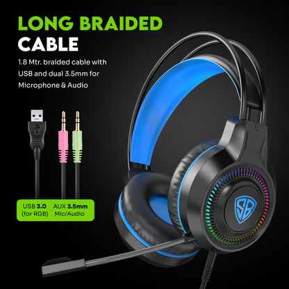 SpinBot BattleBudz H2 Wired Gaming Headphone with 50mm Drivers, RGB Lights, Suspension Headband, 1.8m Braided Cable & Boom Mic