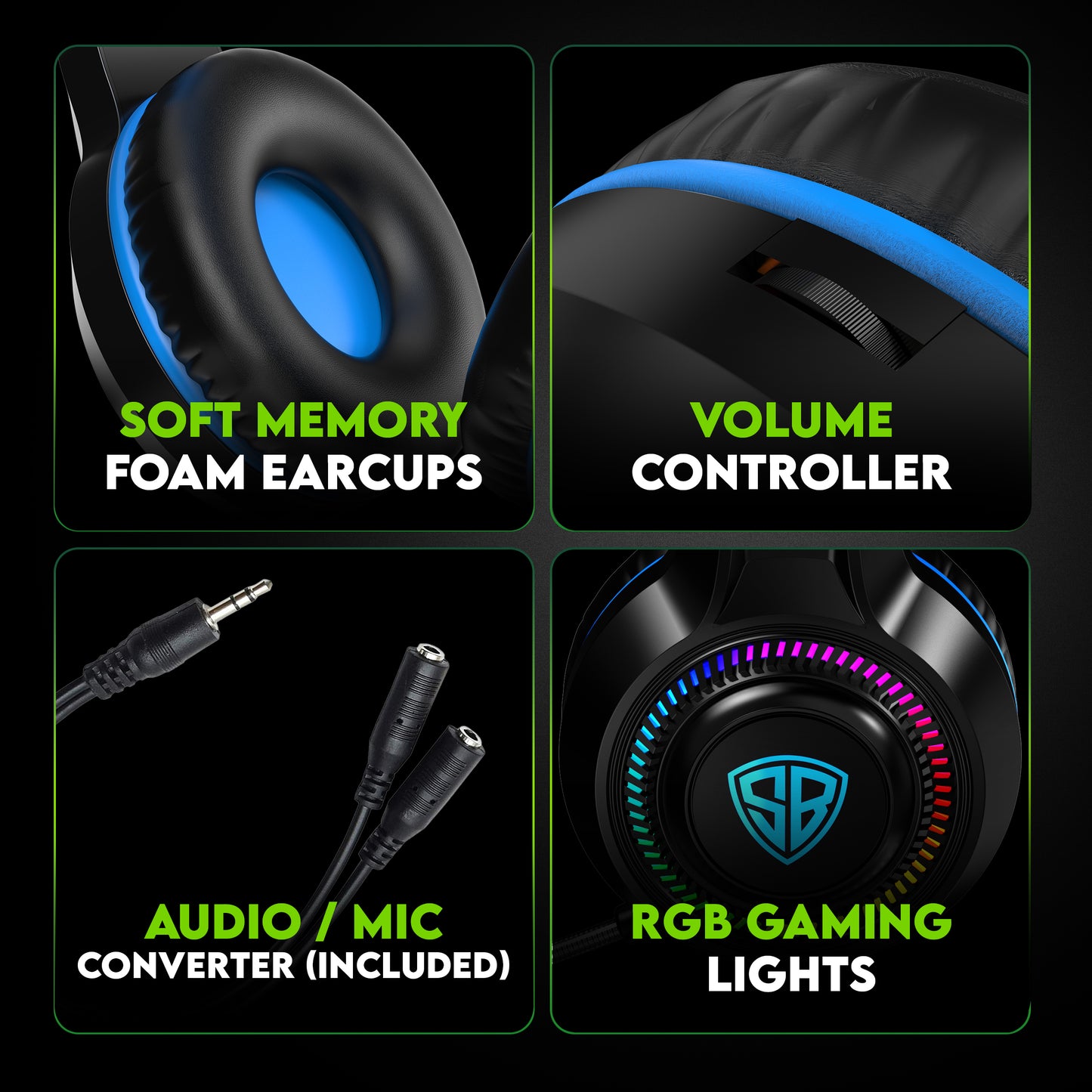 SpinBot BattleBudz H2 Wired Gaming Headphone with 50mm Drivers, RGB Lights, Suspension Headband, 1.8m Braided Cable & Boom Mic