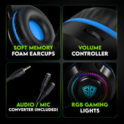 SpinBot BattleBudz H2 Wired Gaming Headphone with 50mm Drivers, RGB Lights, Suspension Headband, 1.8m Braided Cable & Boom Mic