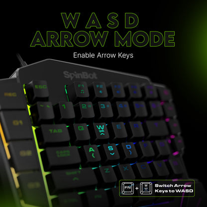 SpinBot Rage K10 One Hand |45 Keys|LED Backlit|Macro Function|Arm Rest|Media Control| Wired USB Standard Gaming Keyboard Compatible