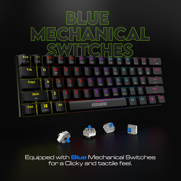 SpinBot Rage MK61 Mechanical Keyboard - Ultra-Compact 60% Layout | Tactile Blue Switches | Dynamic Multicolor RGB Lighting | 22-Key Anti-Ghosting | Durable ABS Build | 1.5m Tangle-Free Cable