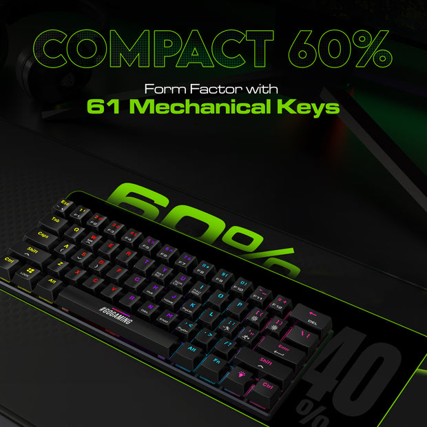 SpinBot Rage MK61 Mechanical Keyboard - Ultra-Compact 60% Layout | Tactile Blue Switches | Dynamic Multicolor RGB Lighting | 22-Key Anti-Ghosting | Durable ABS Build | 1.5m Tangle-Free Cable