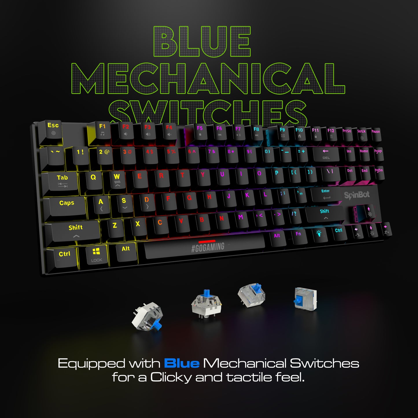 SpinBot Rage MK87 Mechanical Gaming Keyboard - Tactile Blue Switches | Compact 87-Key TKL Design | Vibrant Multicolor RGB Lighting | 26-Key Anti-Ghosting | Durable ABS Build | Plug & Play USB