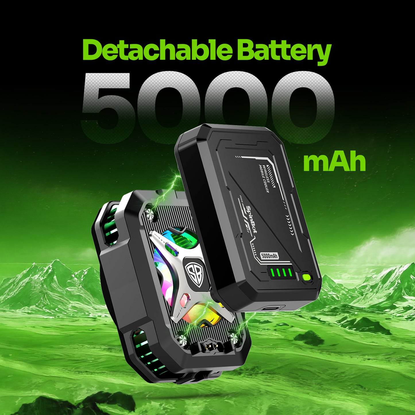 SpinBot IceDot Core X2 Magnetic Wired & Wireless Mobile Cooler | 7 Cooling Modes with 5000mAh Detachable Battery | Ultra-Quiet 42dB High-Speed 6000 RPM Fan | 15W Turbo Cooling