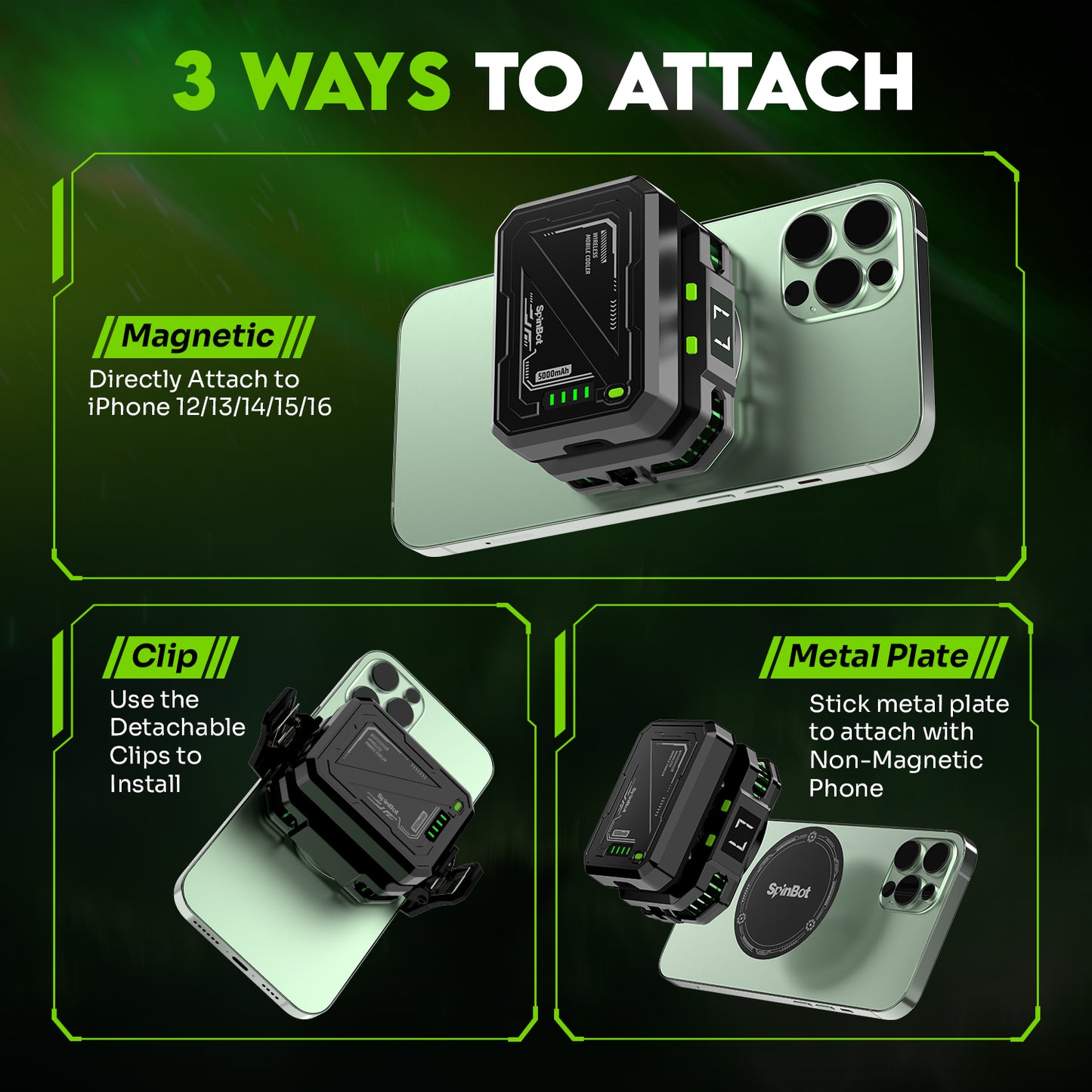 SpinBot IceDot Core X2 Magnetic Wired & Wireless Mobile Cooler | 7 Cooling Modes with 5000mAh Detachable Battery | Ultra-Quiet 42dB High-Speed 6000 RPM Fan | 15W Turbo Cooling