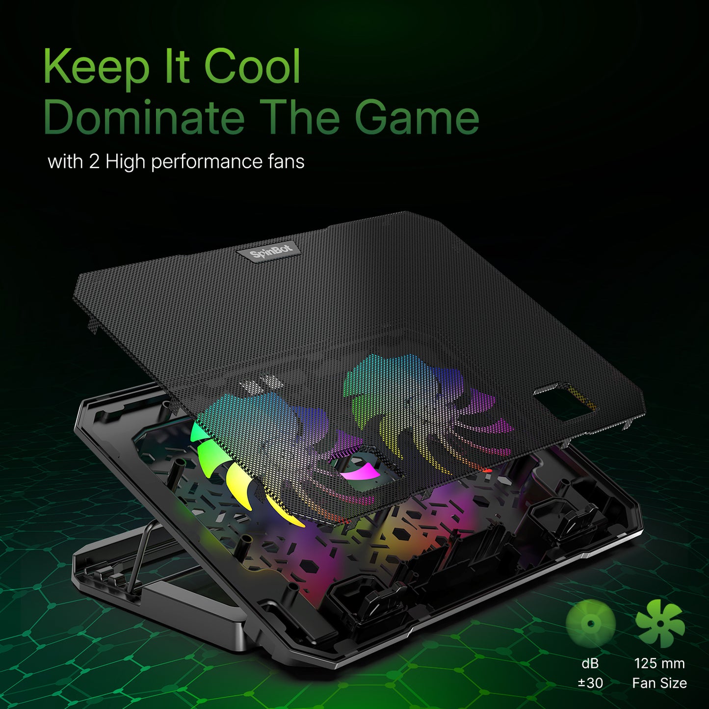 SpinBot Airflow X10 Laptop Cooling Pad with Dual Fans | Low Noise 30dB | 4-Level Adjustable Stand | 2 USB Ports with Speed Control.