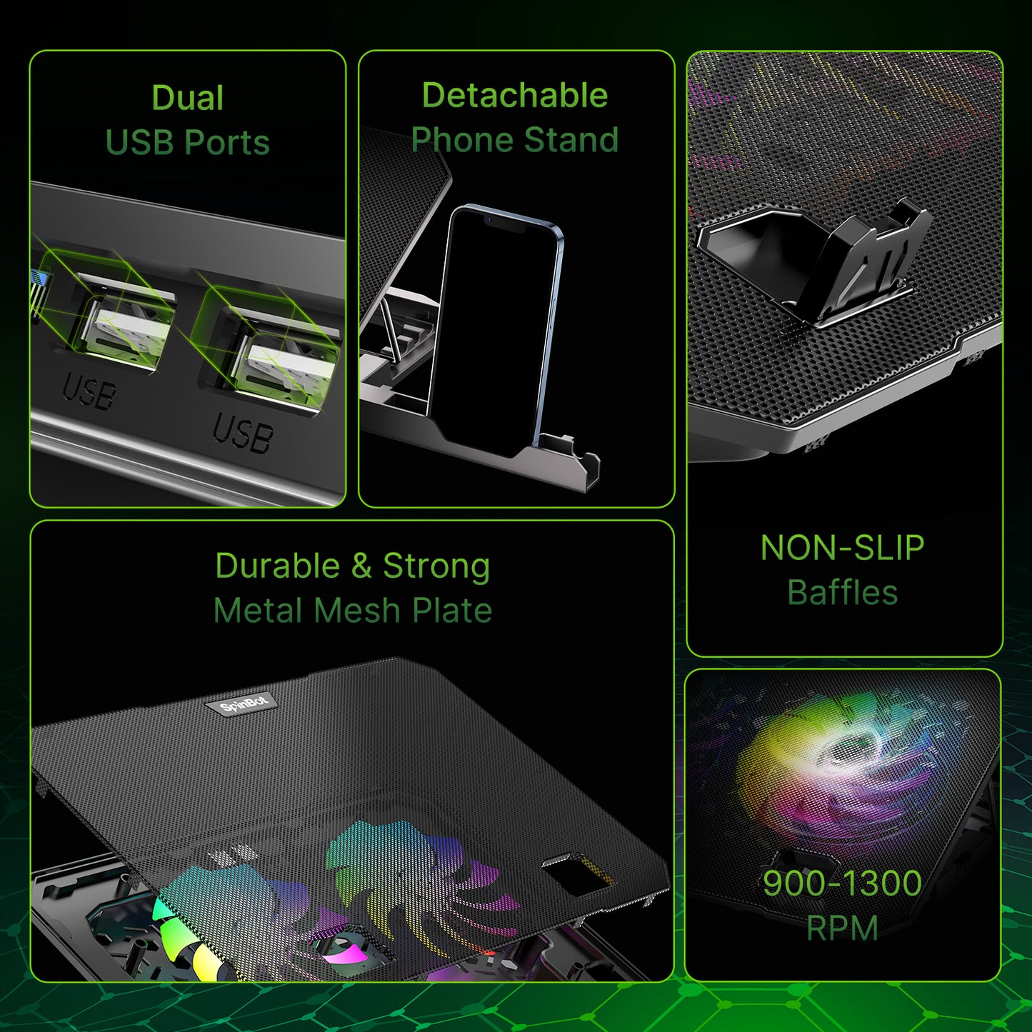 SpinBot Airflow X10 Laptop Cooling Pad with Dual Fans | Low Noise 30dB | 4-Level Adjustable Stand | 2 USB Ports with Speed Control.