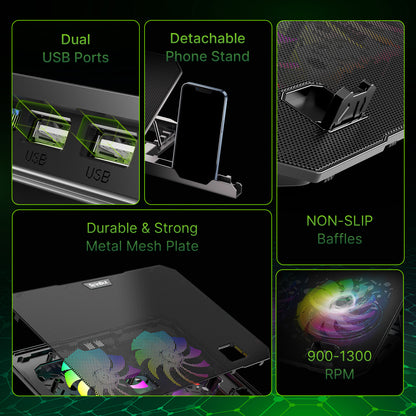 SpinBot Airflow X10 Laptop Cooling Pad with Dual Fans | Low Noise 30dB | 4-Level Adjustable Stand | 2 USB Ports with Speed Control.