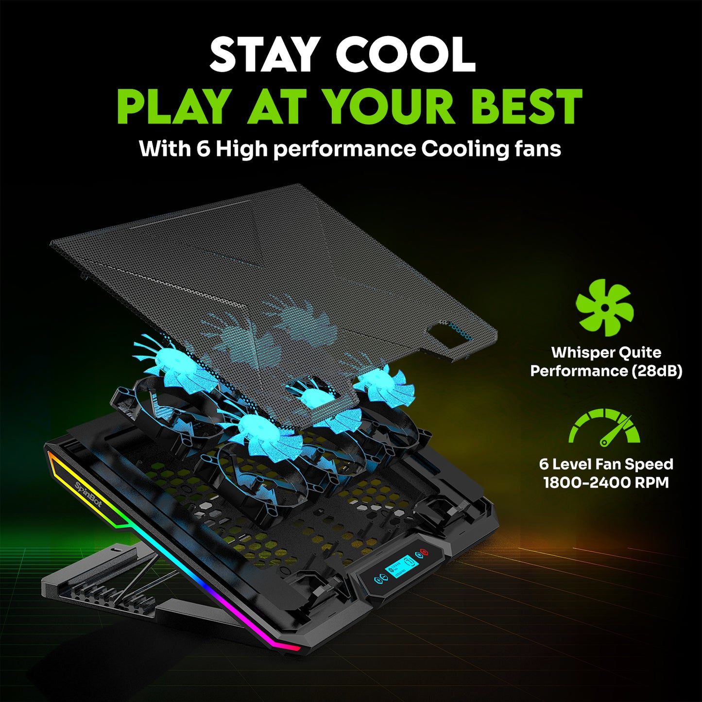 SpinBot AirFlow X20 |6 Fans|RGB Lights|6 Speed Level|Metal Body| 6 Fan Ergonomic Cooling Pad with Adjustable Height