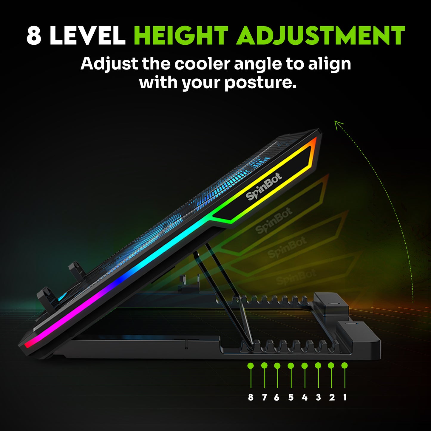 SpinBot AirFlow X20 |6 Fans|RGB Lights|6 Speed Level|Metal Body| 6 Fan Ergonomic Cooling Pad with Adjustable Height