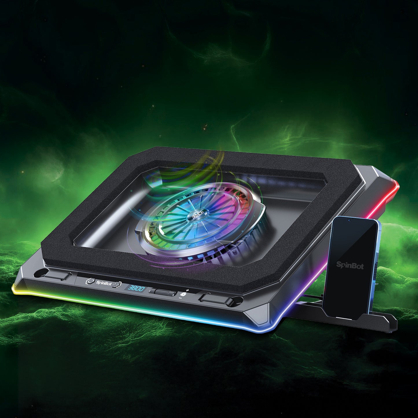 SpinBot Airflow X50 Laptop Cooling Pad | 135mm Fan up to 3800 RPM | 11 RGB Modes | 5-Level Adjustable Stand | 4 USB + 2 Type-C Ports.