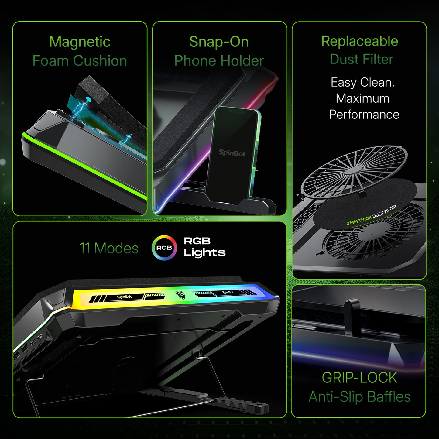 SpinBot Airflow X50 Laptop Cooling Pad | 135mm Fan up to 3800 RPM | 11 RGB Modes | 5-Level Adjustable Stand | 4 USB + 2 Type-C Ports.